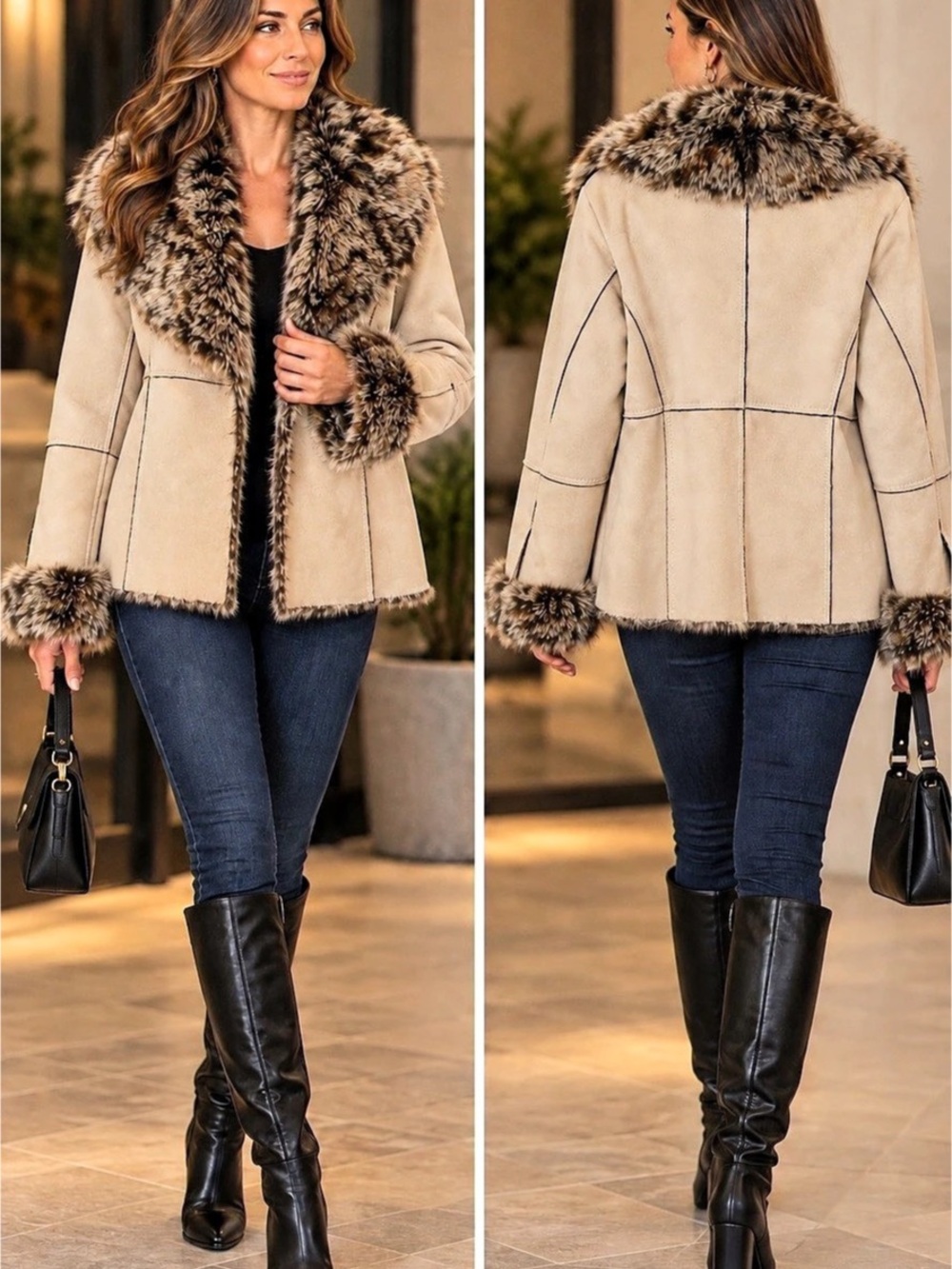 Women's Faux Fur Trim Jacket in Cream & Brown